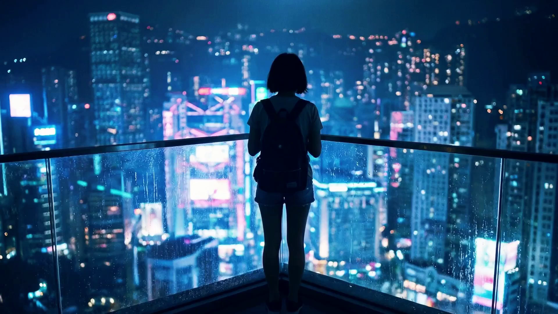 A silhouetted figure above a neon city at night.
