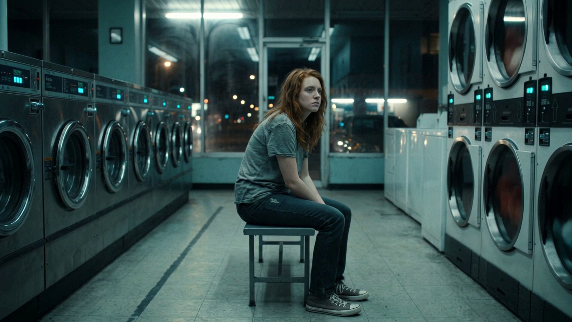 A lonely laundromat scene with a central figure in green light.