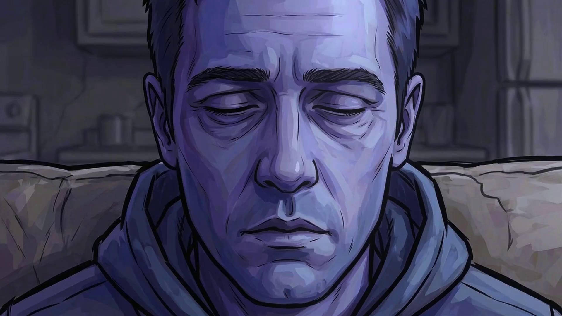 A sparse white room with a seated figure and an institutional sci-fi feeling.